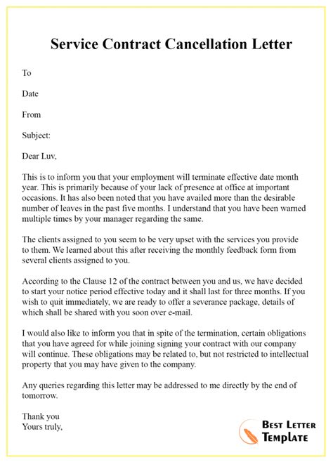 Cancellation Letter Template Of Contract Format Sample And Example