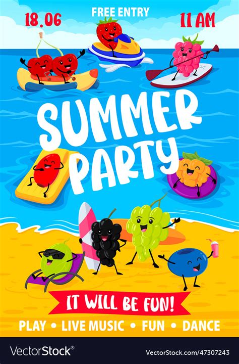 Summer party flyer with cartoon berry characters Vector Image