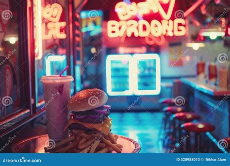 A Classic Burger And A Drink Are Placed On A Table In A Diner Neon