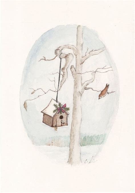 Winter Bird And Birdhouse Original Watercolor By ChristieScibior 30