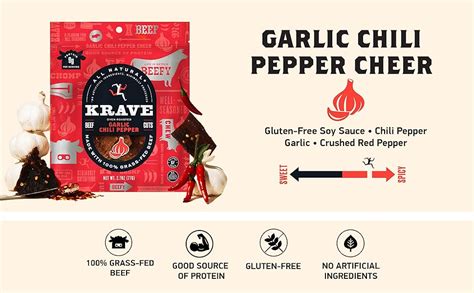 Krave All Natural Beef Jerky Garlic Chili Pepper Protein Packed Snacks Roasted