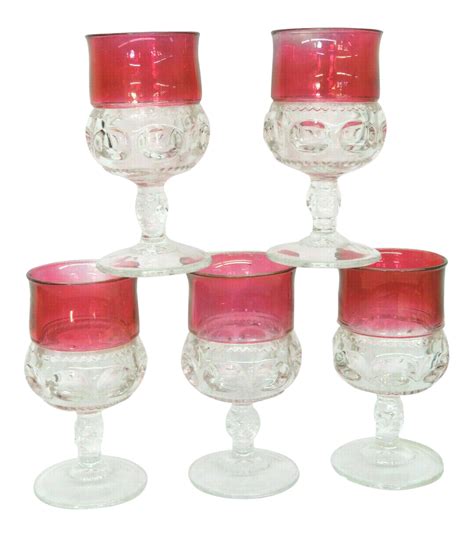 Indiana Glass Kings Crown Thumbprint Red And Clear Set Of 5 Cordial Goblets Chairish