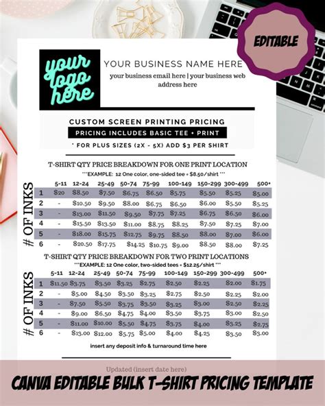 Canva Bulk T Shirt Price List Template Editable Printable Etsy