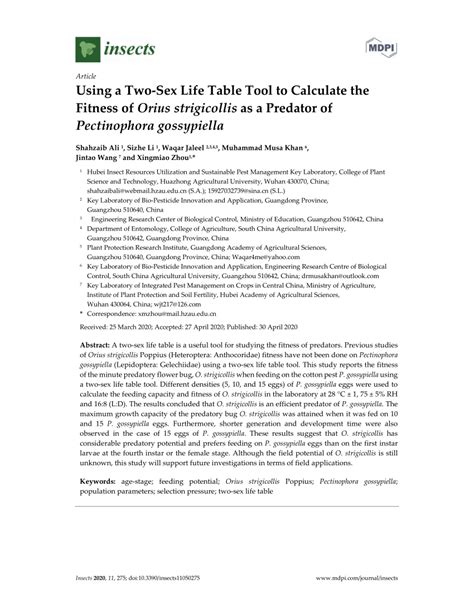 PDF Using A Two Sex Life Table Tool To Calculate The Fitness Of Orius Strigicollis As A