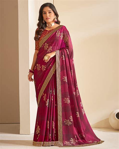 Vishal Prints Wine Chiffon Saree With Foil Print And Jari Border