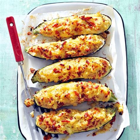 Cheesy Rice And Baconstuffed Zucchini Boats Savory