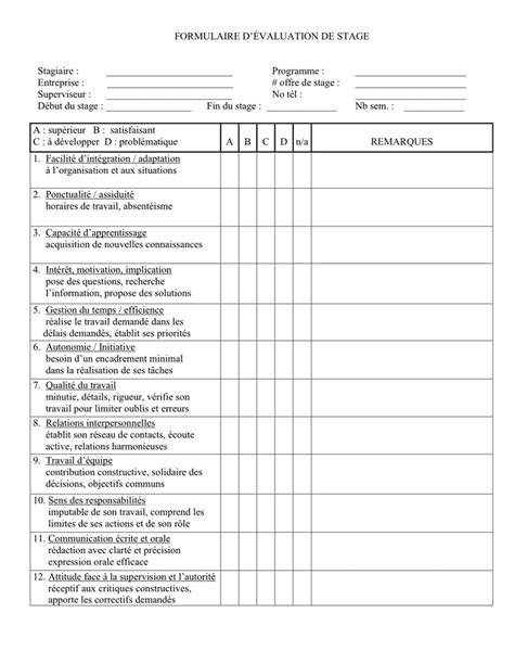 Formulaire dévaluation de stage DOC PDF page 1 sur 2