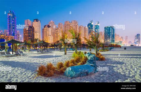 Evening View On Dubai Marina And Jumeirah Beach In Luxury Dubai City