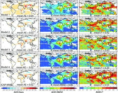 The 550 Nm Mean Aod Bias Left Rmse Middle And Coefficient Of