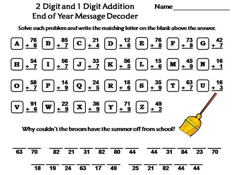 Two Digit And One Digit Addition Game End Of Year Math Message Decoder