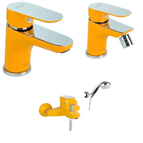 Set Miscelatori Lavabo Bidet E Vasca Esterno Con Duplex Giallo Lively