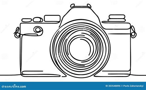 One Single Line Drawing Of Old Retro Analog Slr Camera With Telephoto