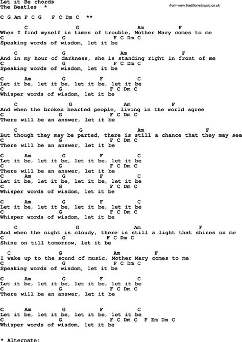 Song Lyrics With Guitar Chords For Let It Be The Beatles Guitar