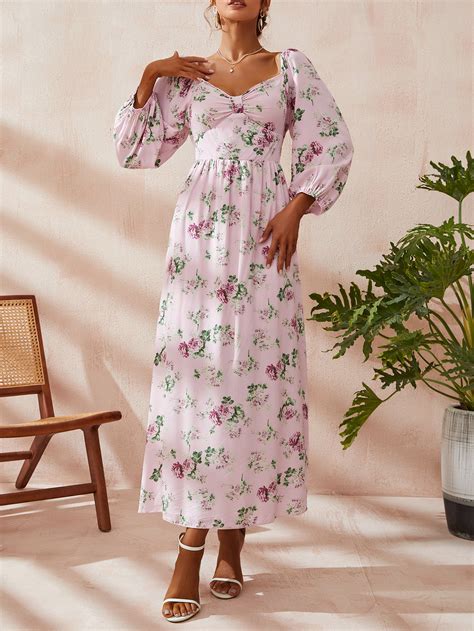 Shein Modely Sweetheart Neck Puff Sleeve Floral Print Dress For Sale