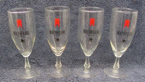 4 Vtg MICHELOB FLUTED Long STEM GLASSES Pilsner Beer Drinking Budweiser