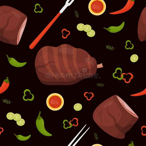 Vector Seamless Pattern With Grilled Fried Meat Piece Of Beef And