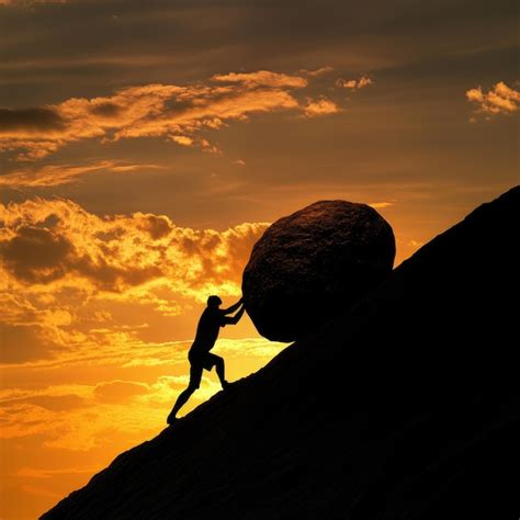 Silhouette Of A Man Pushing A Boulder Uphill Against A Dramatic Sunset