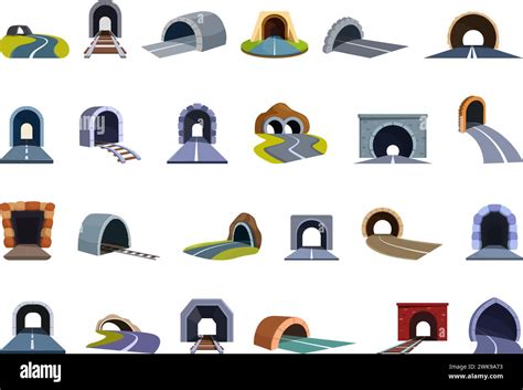 Arch Tunnel Icons Set Cartoon Vector Road Car Entrance Underpass