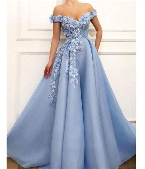 Modest Sky Blue Off The Shoulder Princess Prom Dress Evening Dress Bohogown