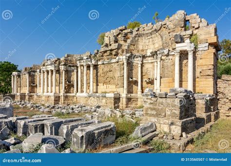 Ruins Of Monumental Fountain Nymphaeum In Ancient Side Antalya