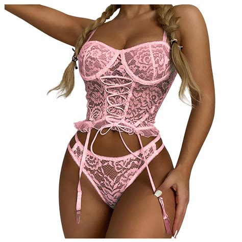 YDKZYMD Pink Women S Lingerie Sexy Plus Size Lace Up Ruffle Mesh Lace