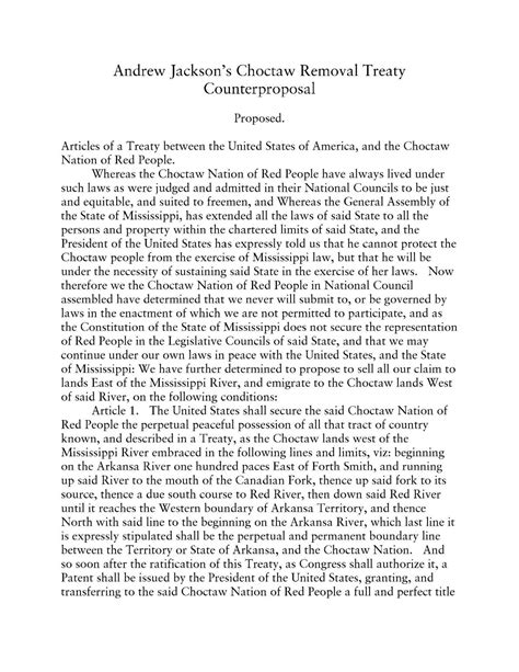 Choctaw Removal Treaty Proposed by Andrew Jackson - The Papers of ...