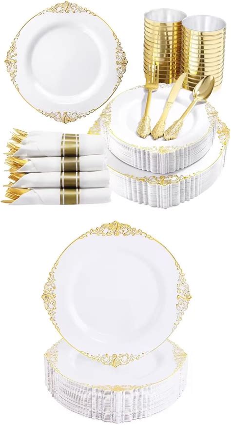 Amazon Nervure 350PCS White And Gold Plastic Plates Pre Rolled