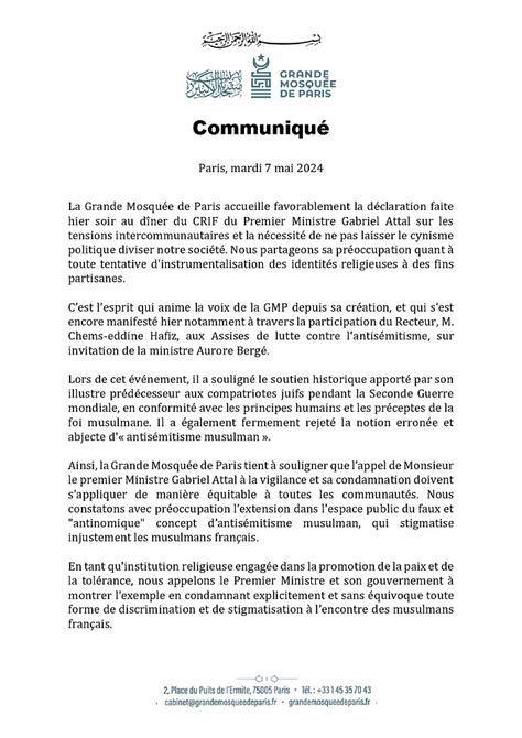 Communiqu La Grande Mosqu E De Paris Accueille Favorablement Les