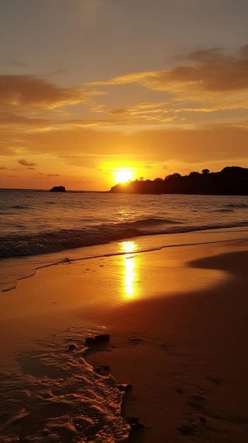 Premium AI Image | A sunset on the beach with a rock in the foreground