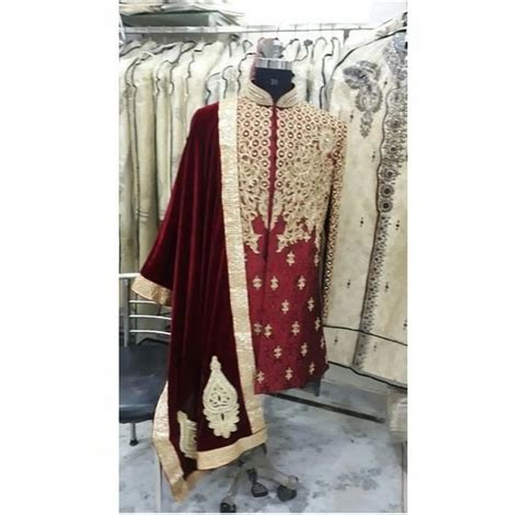 Maroon Golden Wedding Wear Groom Heavy Work Indo Western Sherwani Size