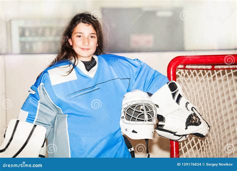 Happy Girl Goaltender Posing After Hockey Match Stock Photo Image Of