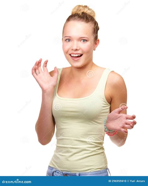 Woman, Portrait and Surprise Hands in Studio for Excited Shock for Wow