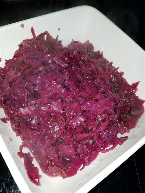 Braised Red Cabbage. Red Cabbage (1), Olive Oil (1 tbls.), White Vinegar (1 cup), Apple Cider ...