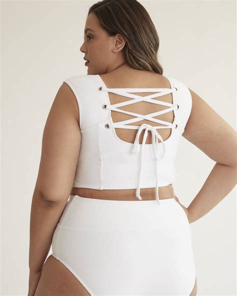 White Rib Longline Bikini Top With Lace Up Back Penningtons