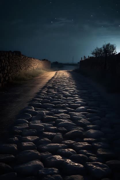 Un Camino Con Una Luz Y Una Luna Al Fondo Foto Premium