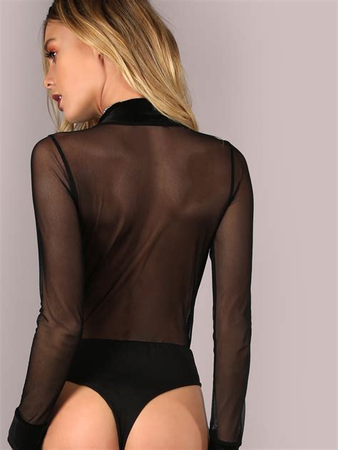 Plunging Velvet V Mesh Bodysuit SheIn Sheinside