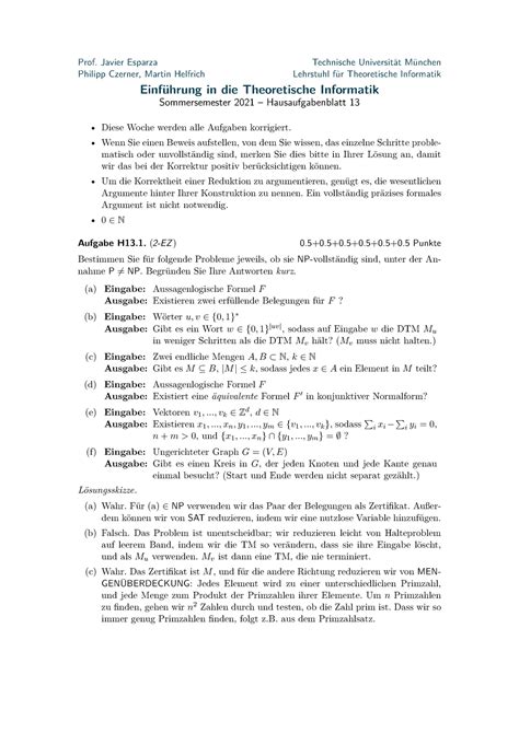 Homework Sheet Solution Prof Javier Esparza Technische