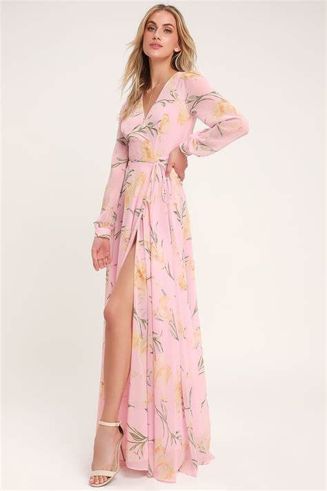 Loving You Blush Pink Floral Print Long Sleeve Wrap Maxi Dress Pink