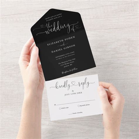 Script Hearts Black And White Minimalist Wedding All In One Invitation