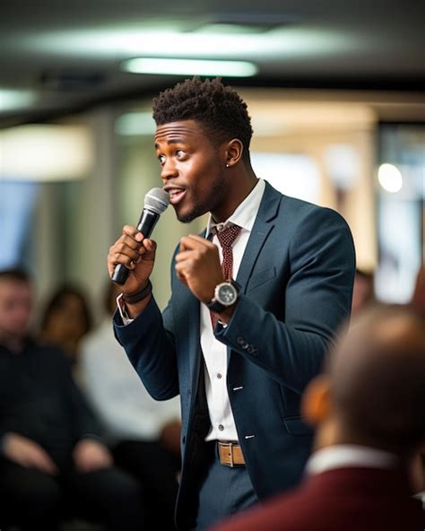 Premium Photo Young Black Entrepreneur Giving A Passionate Pitch To