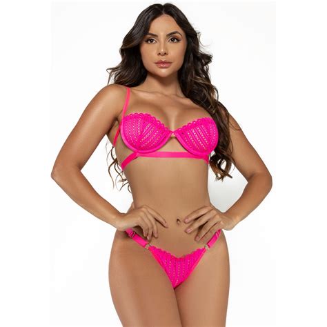 Promoção Conjunto Lingerie Sem Bojo Gringa Renda Desenhada Rosa Neon