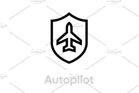 a black and white icon of an airplane in the middle of a shield on a white background