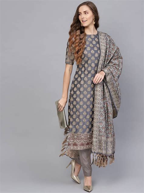 Grey Banarasi Cotton Woven Design Unstitched Dress Material Inddus