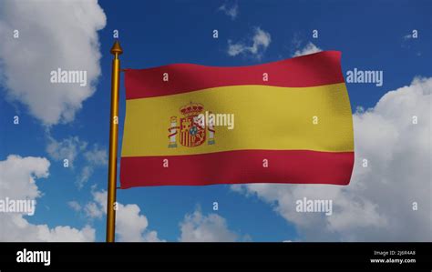 Bandera Nacional De España Ondeando 3d Render Con Asta De Bandera Y