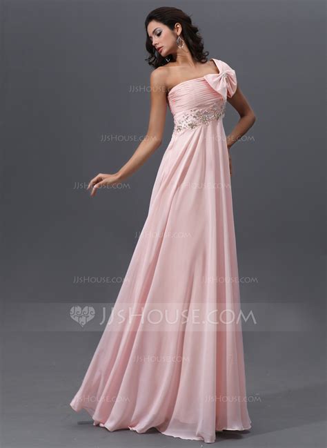 Empire One Shoulder Floor Length Chiffon Prom Dress With Ruffle Lace