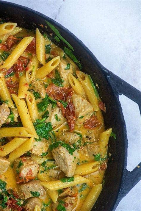 Creamy Tuscan Pork And Pasta Skillet Recipe Pork Pasta Leftover Pork Loin Recipes Easy Pasta