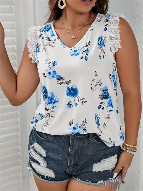 Casual Tank Top Plus Size Women S Plus Floral Print Contrast Temu New