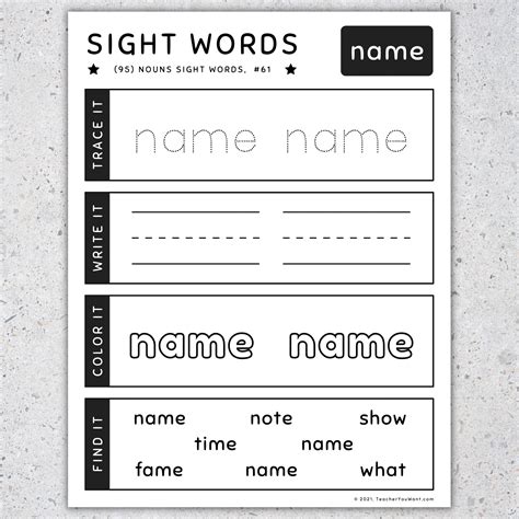 Noun Sight Words 95 Nouns Trace Write Color And Find It Worksheets Set 5 Made By Teachers