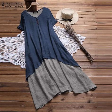 New Zanzea Women Vintage Dress Summer V Neck Short Sleeve Midi Sundress