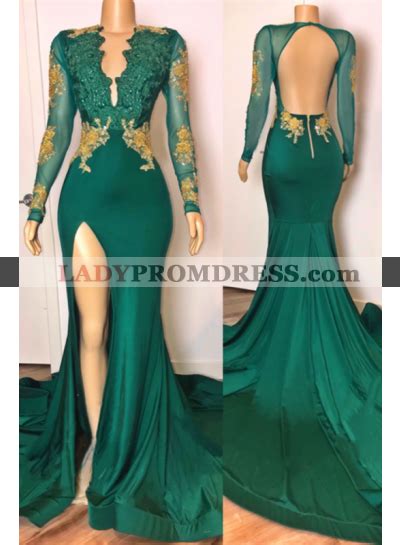 2022 Long Sleeves Emerald Side Slit Open Front Backless Long Prom Dresses